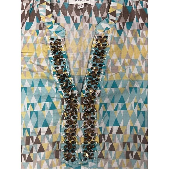 JM Collection Tunic 12 Geometric Print Blue Yellow Beaded Cotton Slit Pullover - Picture 6 of 12